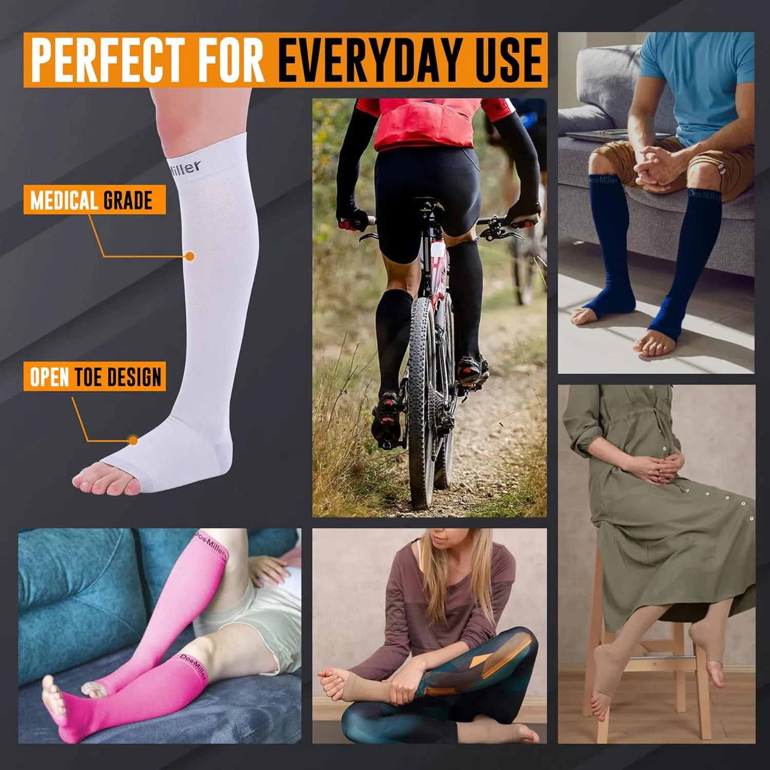 Doc Miller Open Toe Compression Socks for Men and Women, 15-20 mmHg, Calf Recovery, Medical Grade, Gray Socks, Medium