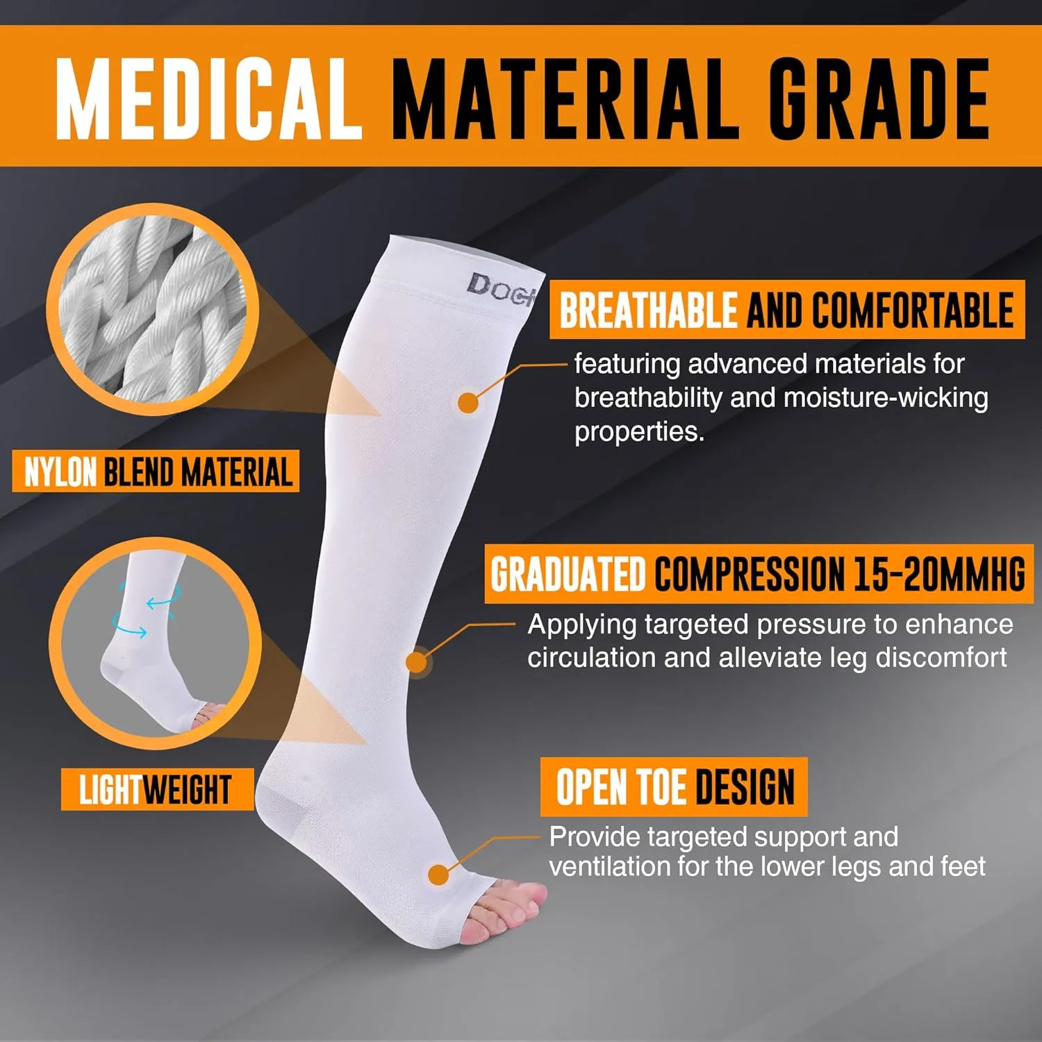 Doc Miller Open Toe Compression Socks for Men and Women, 15-20 mmHg, Calf Recovery, Medical Grade, Gray Socks, Medium