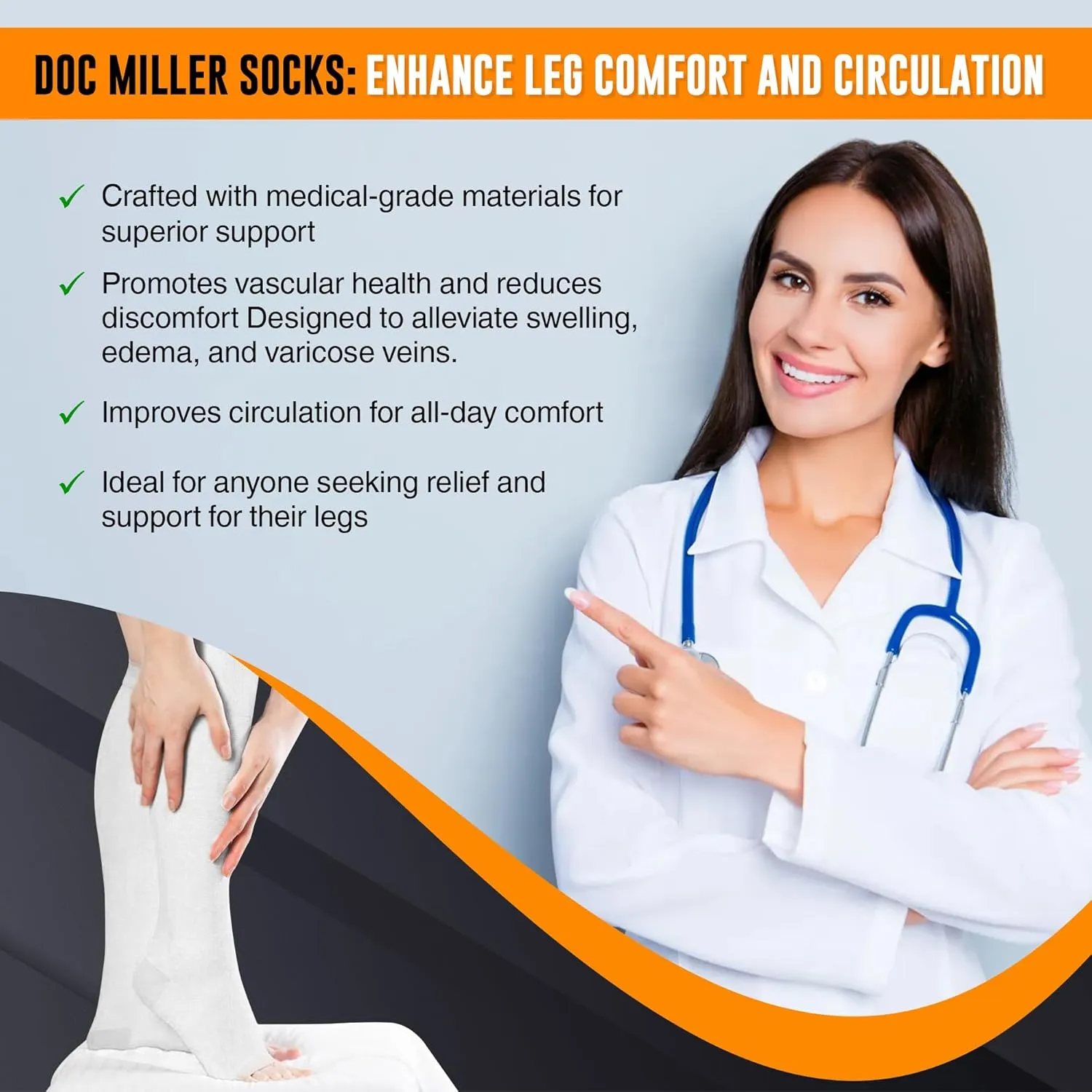 Doc Miller Open Toe Compression Socks for Men and Women, 15-20 mmHg, Calf Recovery, Medical Grade, Gray Socks, Medium
