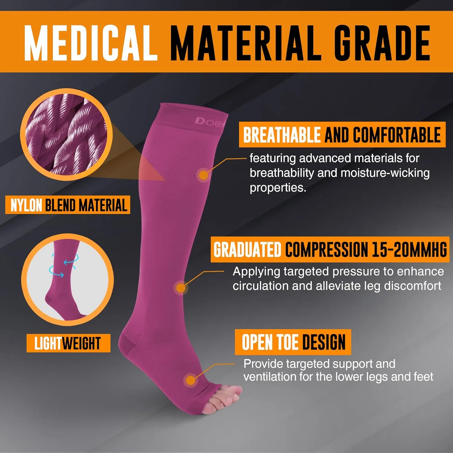 Doc Miller Open Toe Compression Socks for Men and Women, 15-20 mmHg, Calf Recovery, Medical Grade, Maroon Socks, X-Large