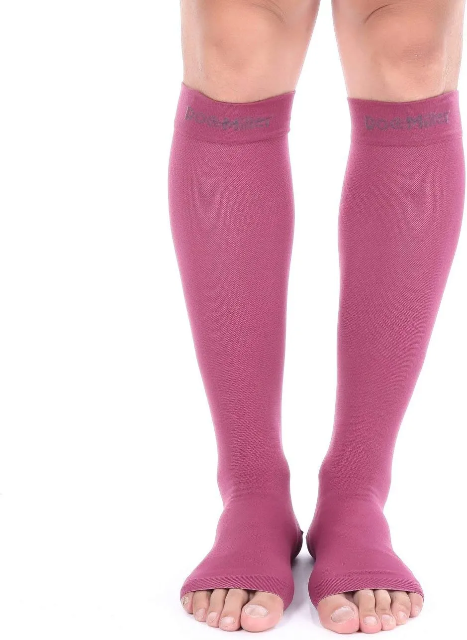 Doc Miller Open Toe Compression Socks for Men and Women, 15-20 mmHg, Calf Recovery, Medical Grade, Maroon Socks, X-Large