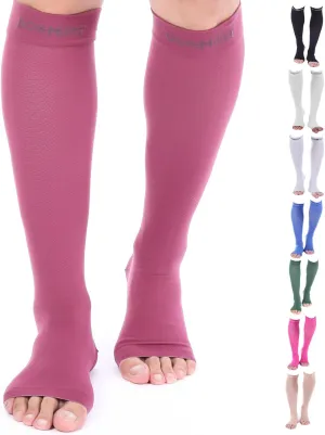 Doc Miller Open Toe Compression Socks for Men and Women, 15-20 mmHg, Calf Recovery, Medical Grade, Maroon Socks, X-Large