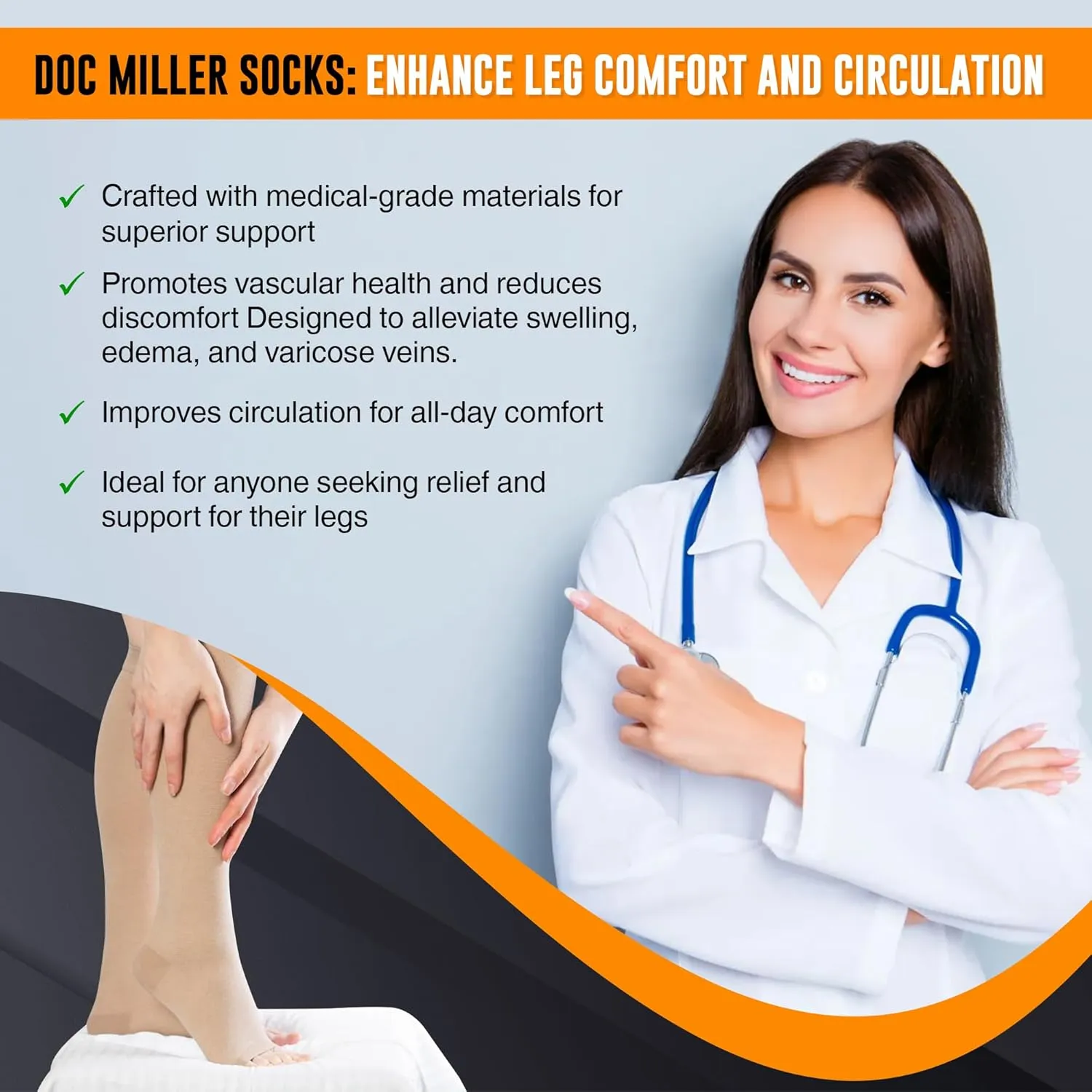 Doc Miller Open Toe Compression Socks for Men and Women, 15-20 mmHg, Calf Recovery, Medical Grade, Skin/Nude Socks, Large