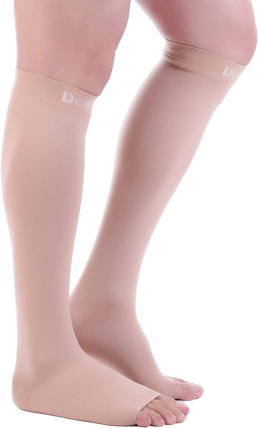 Doc Miller Open Toe Compression Socks for Men and Women, 15-20 mmHg, Calf Recovery, Medical Grade, Skin/Nude Socks, Large