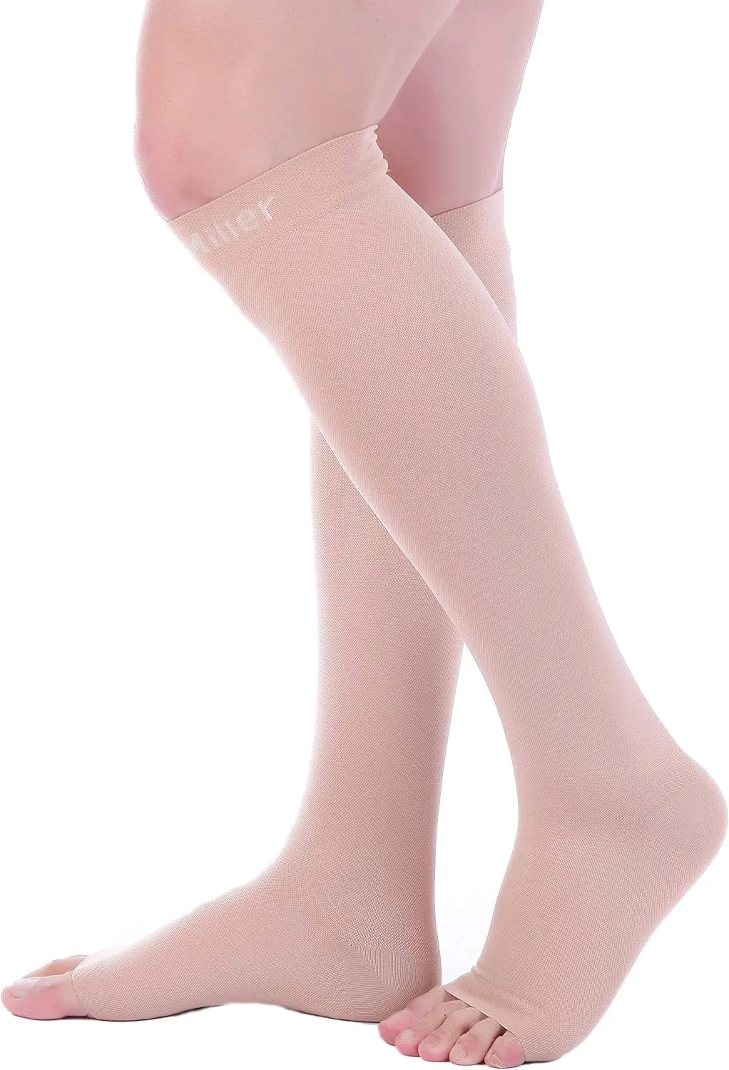 Doc Miller Open Toe Compression Socks for Men and Women, 15-20 mmHg, Calf Recovery, Medical Grade, Skin/Nude Socks, Large
