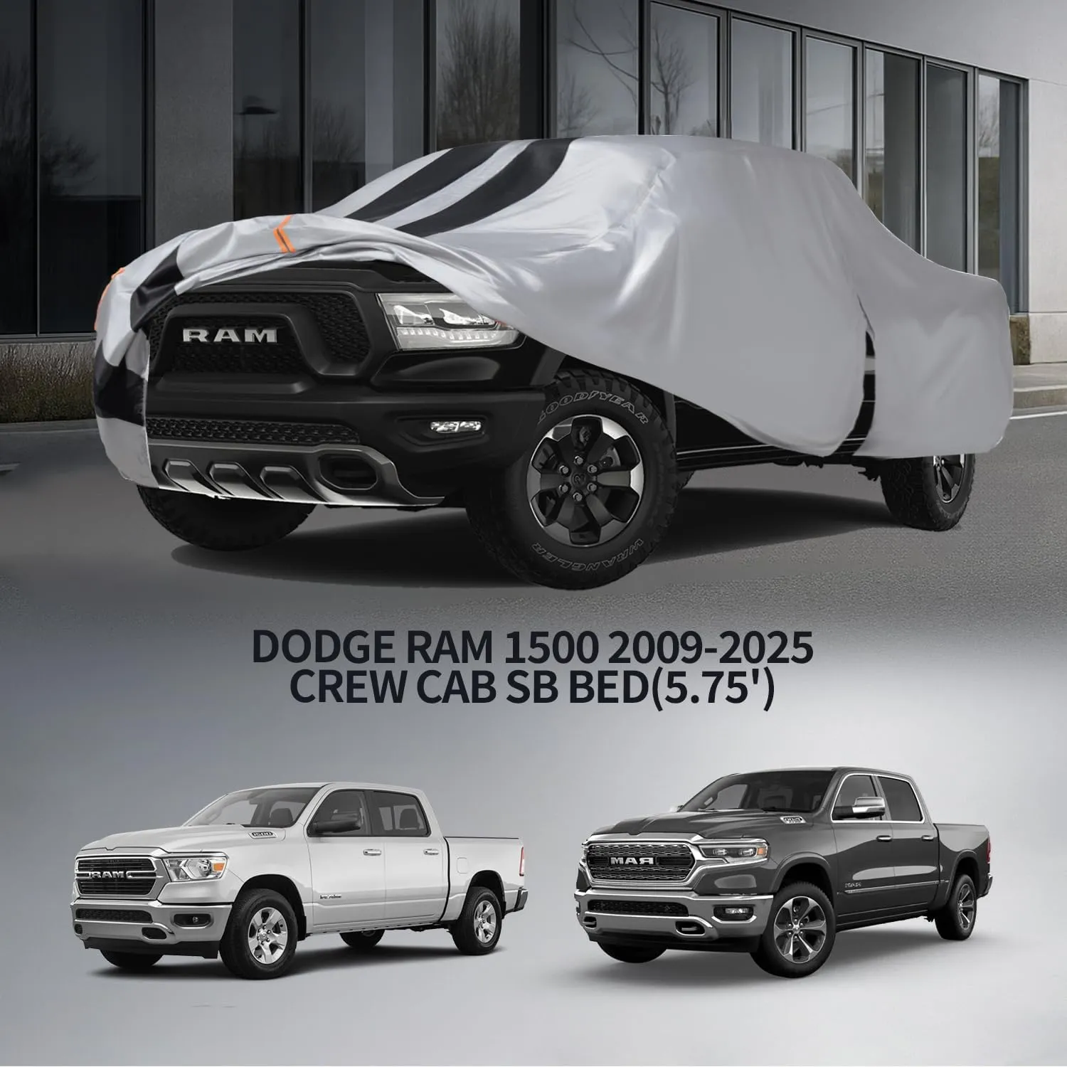 Dodge Ram 1500 Truck Cover Custom Fit 2009-2025 Crew Cab Short Bed(5.75') With Door Zipper, 10 Layer Outdoor Heavy Pickup Truck Cover Waterproof All Weather, Car Tarp for Wind Dust Sun etc Protection.