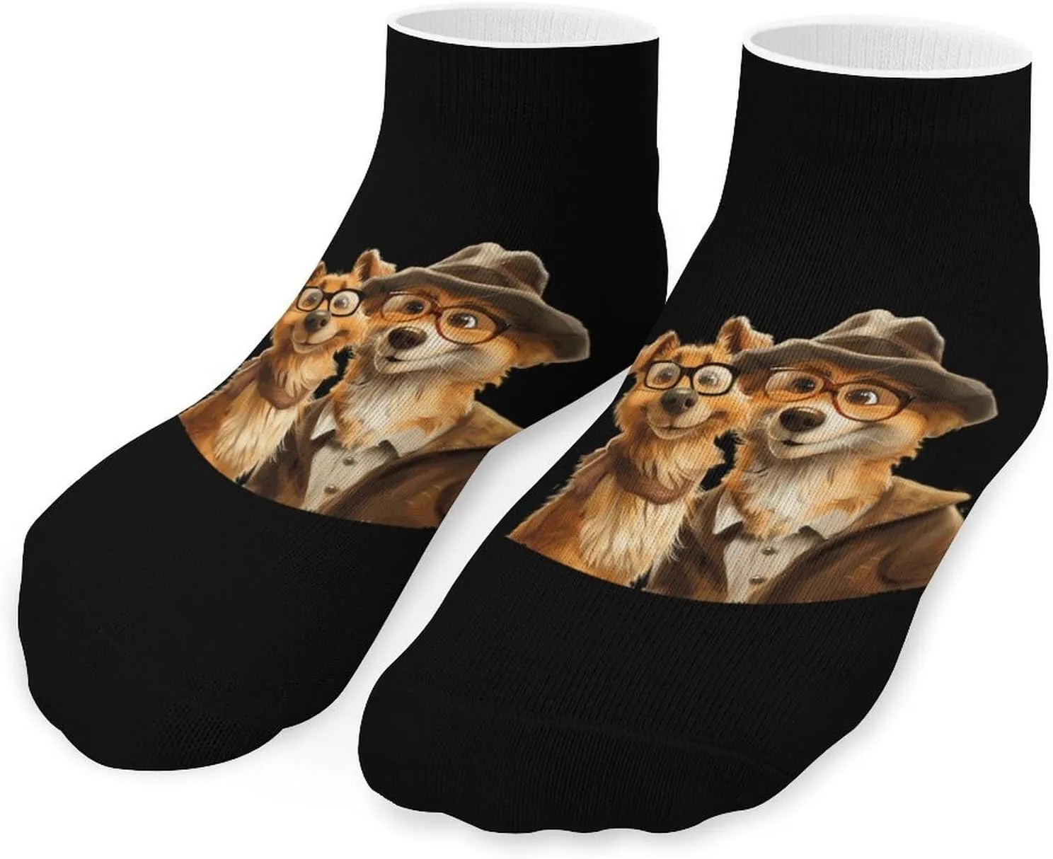 Dogs Couple in Glasses Funny Ankle Socks Athletic Short Socks Low Cut No Show Socks Black for Men Women