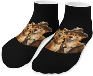 Dogs Couple in Glasses Funny Ankle Socks Athletic Short Socks Low Cut No Show Socks Black for Men Women