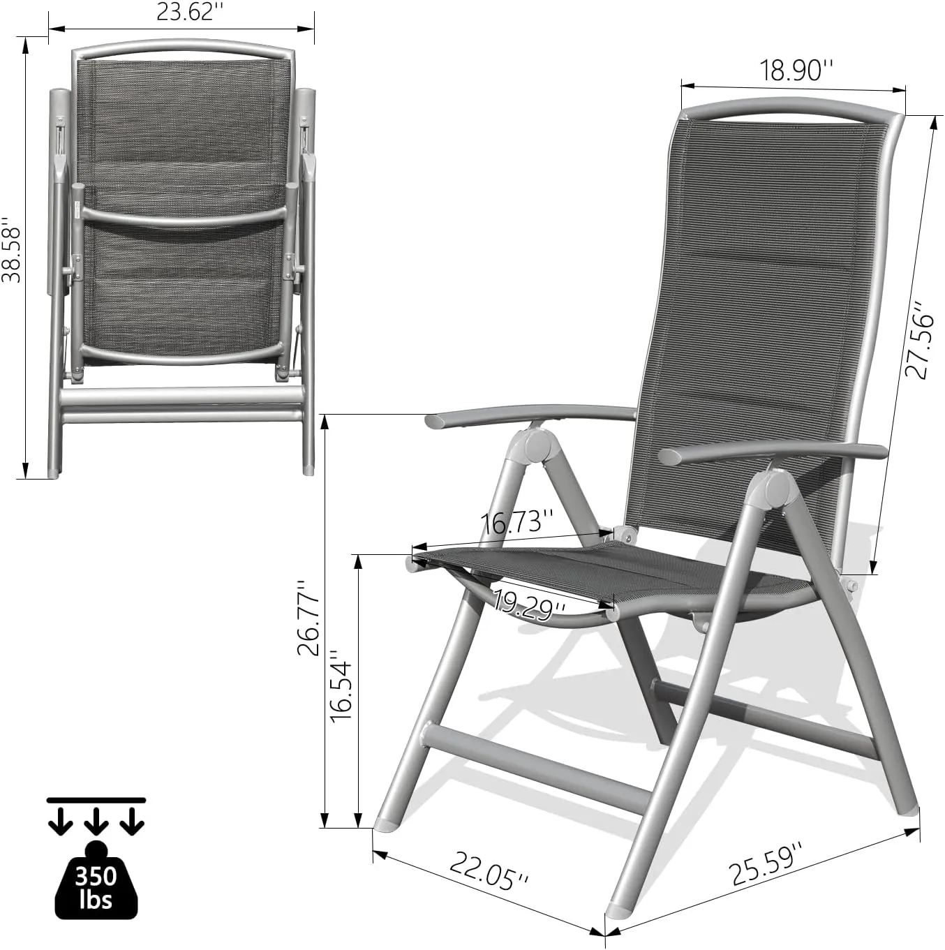 Domi Patio 2-Pack Folding Lounge Chairs - Adjustable Reclining Outdoor Chairs with Aluminum Frame & Padded Seat for Patio, Pool, Beach, Camping