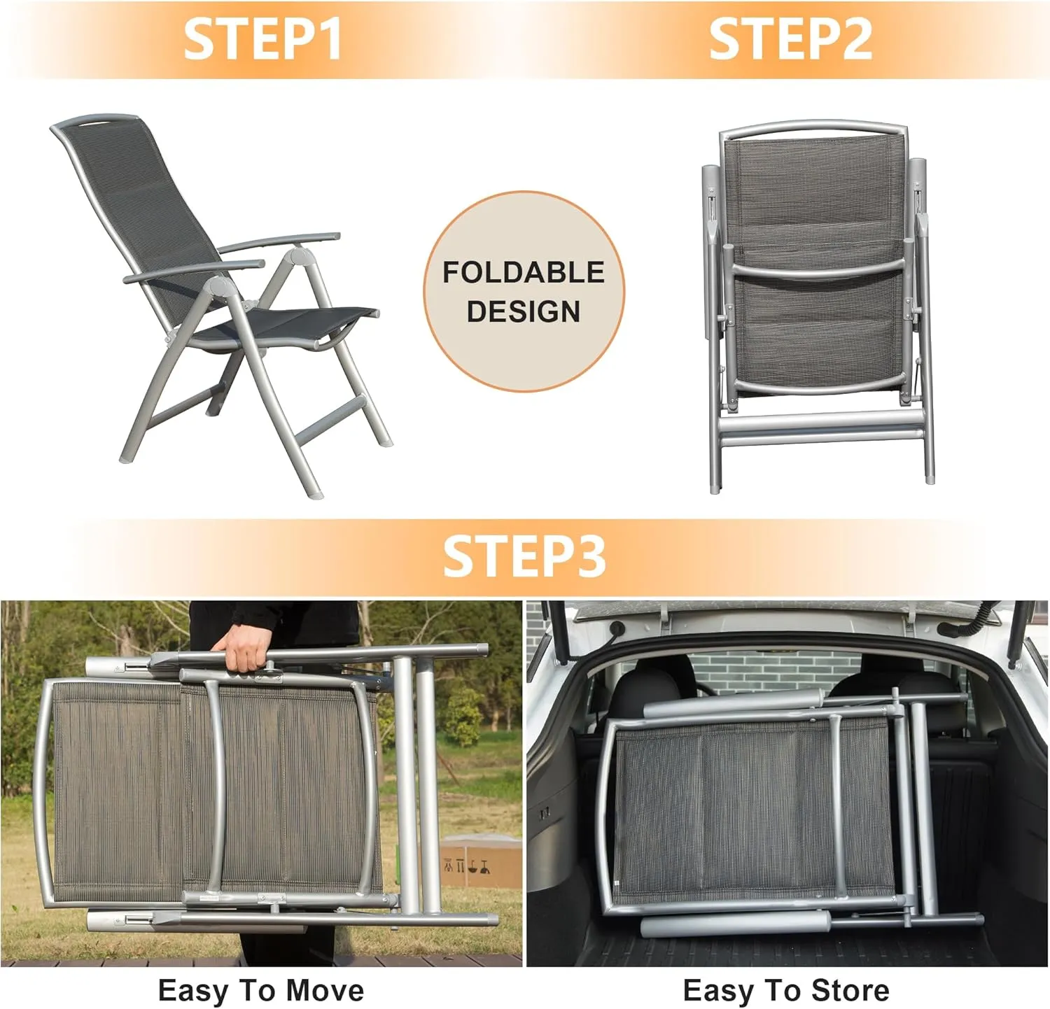 Domi Patio Folding Chairs Set of 2, Aluminium Frame Outdoor Reclining Patio Chairs for Garden Camping Poolside Beach Deck, Adjustable High Back Lawn Chairs with Soft Cotton-Padded Seat, Dark Gray