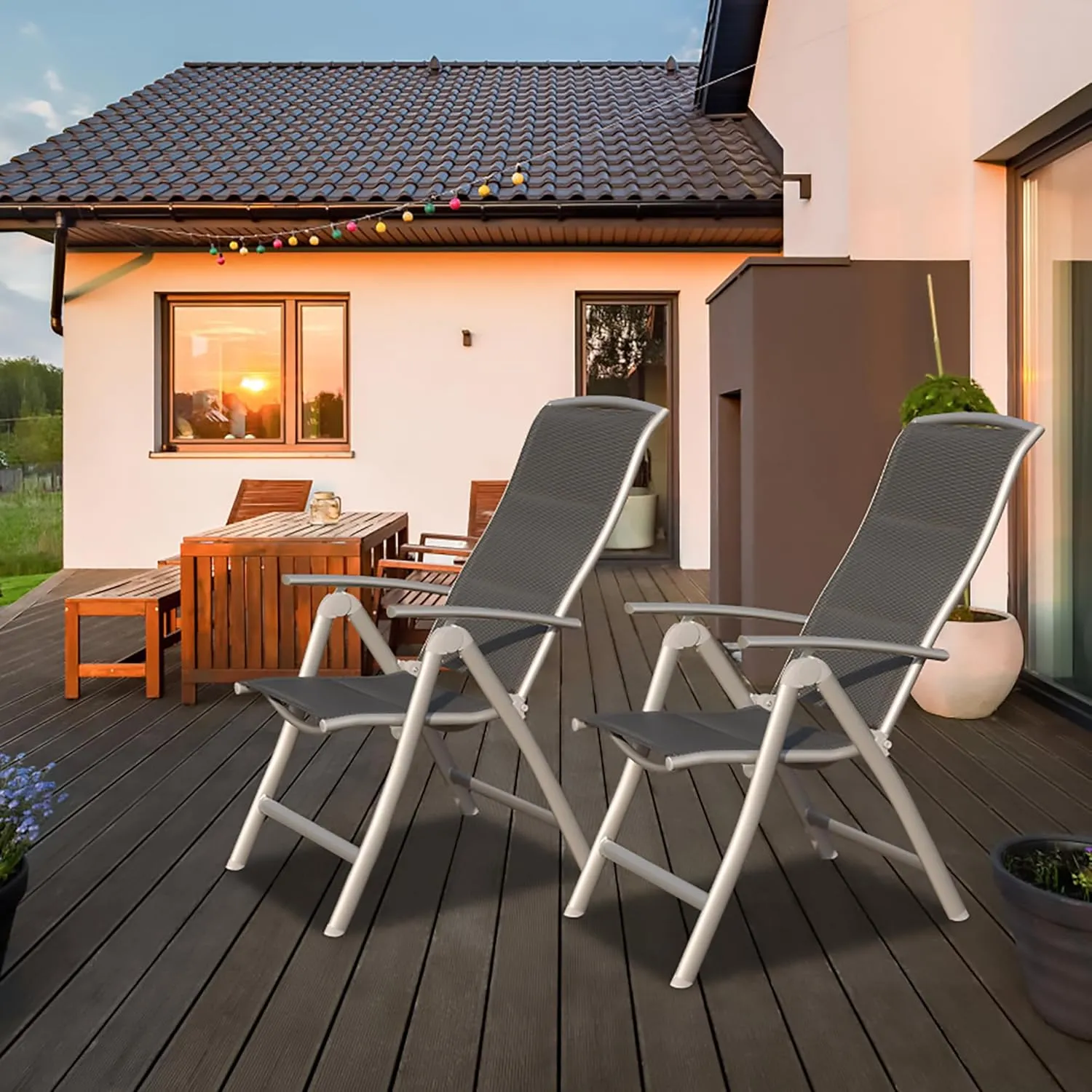 Domi Patio Folding Chairs Set of 2, Aluminium Frame Outdoor Reclining Patio Chairs for Garden Camping Poolside Beach Deck, Adjustable High Back Lawn Chairs with Soft Cotton-Padded Seat, Dark Gray