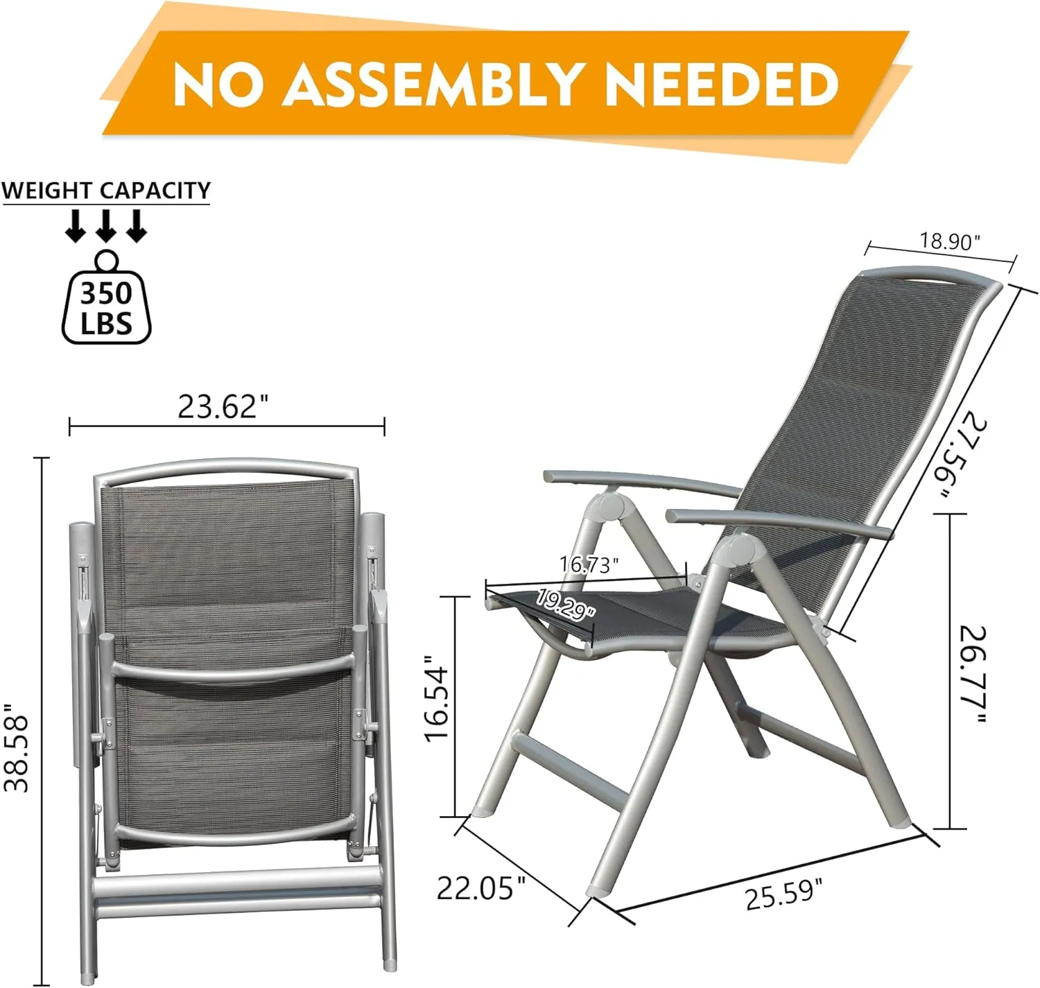 Domi Patio Folding Chairs Set of 2, Aluminium Frame Outdoor Reclining Patio Chairs for Garden Camping Poolside Beach Deck, Adjustable High Back Lawn Chairs with Soft Cotton-Padded Seat, Dark Gray
