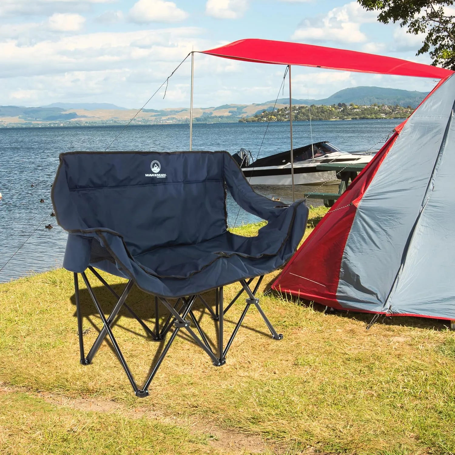 Double Camping Chair - Foldable Portable Couch with 2 Cupholders and Padded Seats - Two-Person Camp Chair with Carrying Bag by Wakeman Outdoor (Blue)