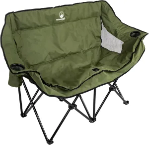 Double Camping Chair - Foldable Portable Couch with 2 Cupholders and Padded Seats - Two-Person Camp Chair with Carrying Bag by Wakeman Outdoor (Olive)