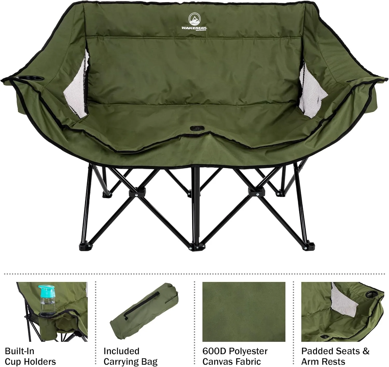 Double Camping Chair - Foldable Portable Couch with 2 Cupholders and Padded Seats - Two-Person Camp Chair with Carrying Bag by Wakeman Outdoor (Olive)