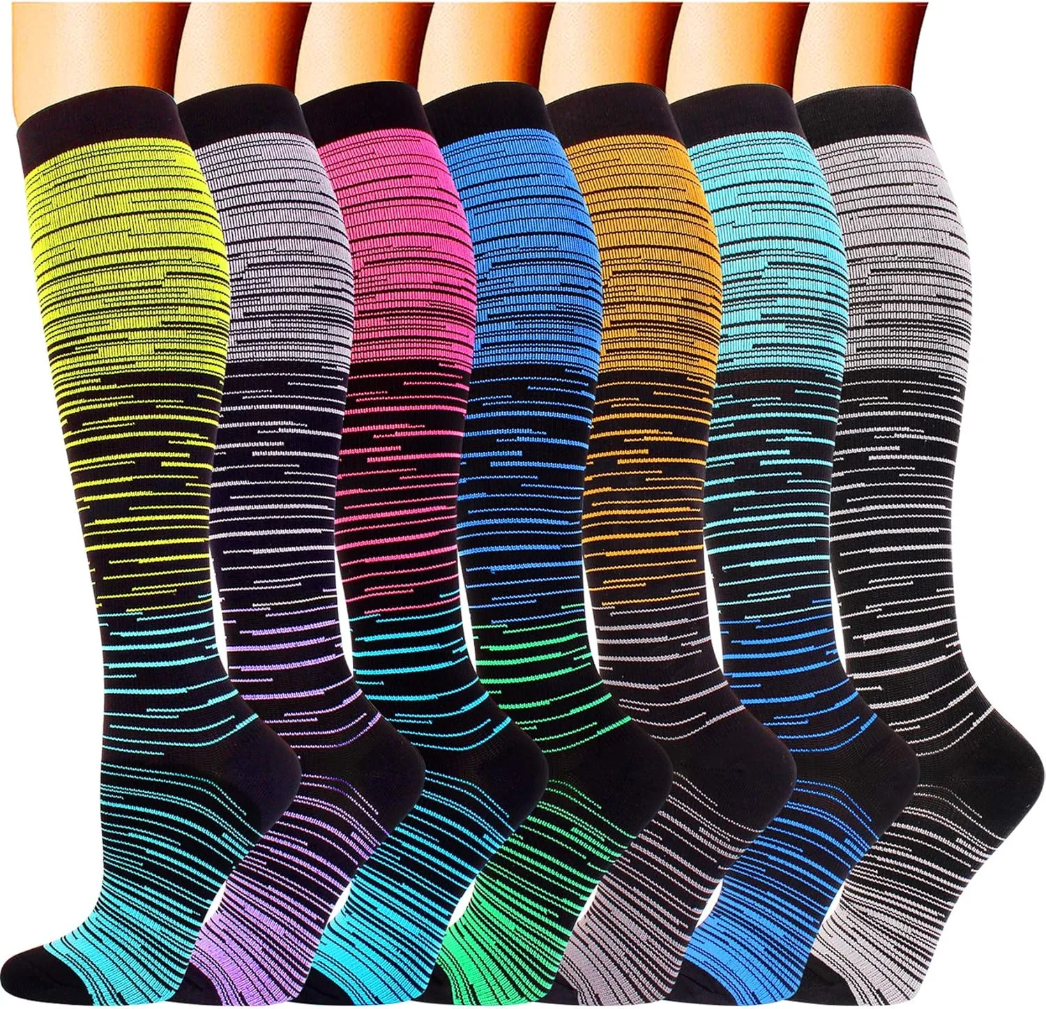 Double Couple 7 Pairs Copper Compression Socks for Men Women 20-30 mmHg Knee High Stockings