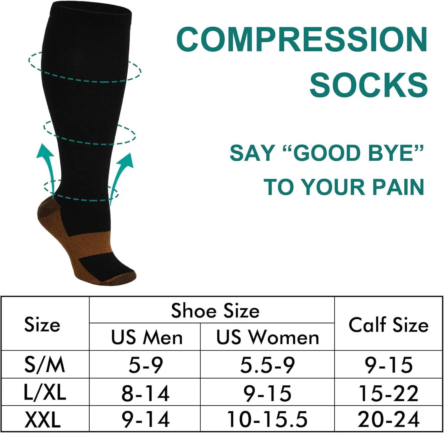 Double Couple 7 Pairs Copper Compression Socks for Men Women 20-30 mmHg Knee High Stockings