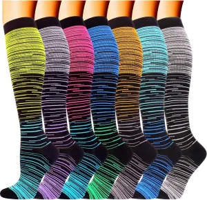 Double Couple 7 Pairs Copper Compression Socks for Men Women 20-30 mmHg Knee High Stockings
