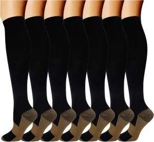 Double Couple 7 Pairs Copper Compression Socks for Men Women 20-30 mmHg Knee High Stockings