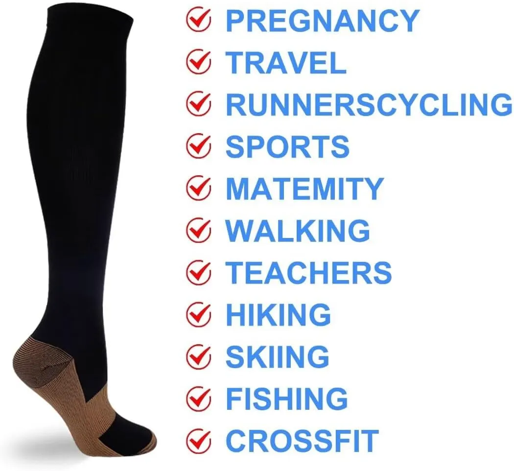 Double Couple 7 Pairs Copper Compression Socks for Men Women 20-30 mmHg Knee High Stockings