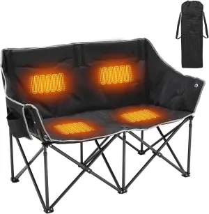 Double Heated Camping Chair, 2-Person Folding Loveseat Portable Heated Chairs with 3 Heat Levels, Patio Lounge Chairs Folding Lawn Chair Outdoor Chair for Outdoor Sports Camping