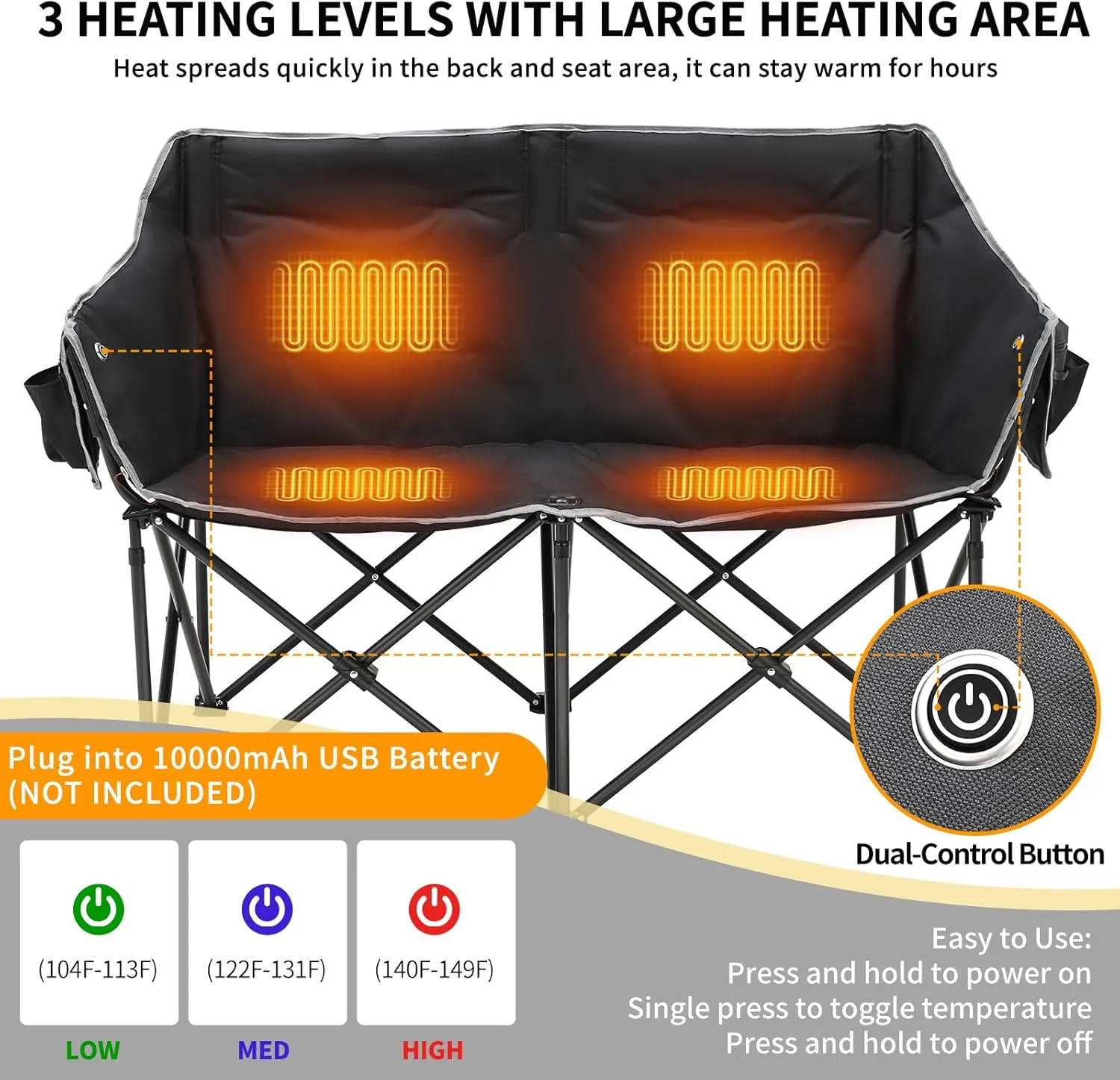 Double Heated Camping Chair, 2-Person Folding Loveseat Portable Heated Chairs with 3 Heat Levels, Patio Lounge Chairs Folding Lawn Chair Outdoor Chair for Outdoor Sports Camping