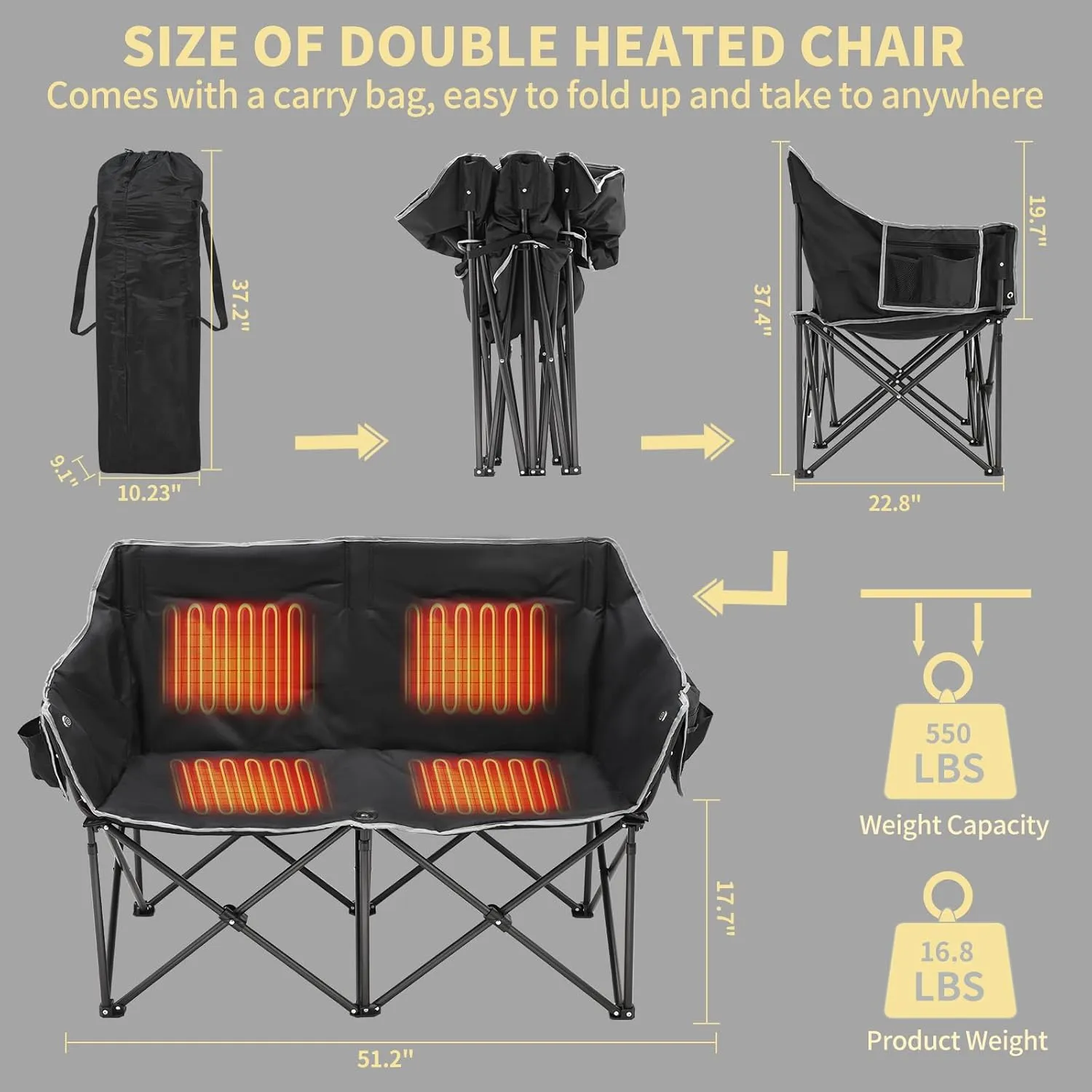 Double Heated Camping Chair, 2-Person Folding Loveseat Portable Heated Chairs with 3 Heat Levels, Patio Lounge Chairs Folding Lawn Chair Outdoor Chair for Outdoor Sports Camping