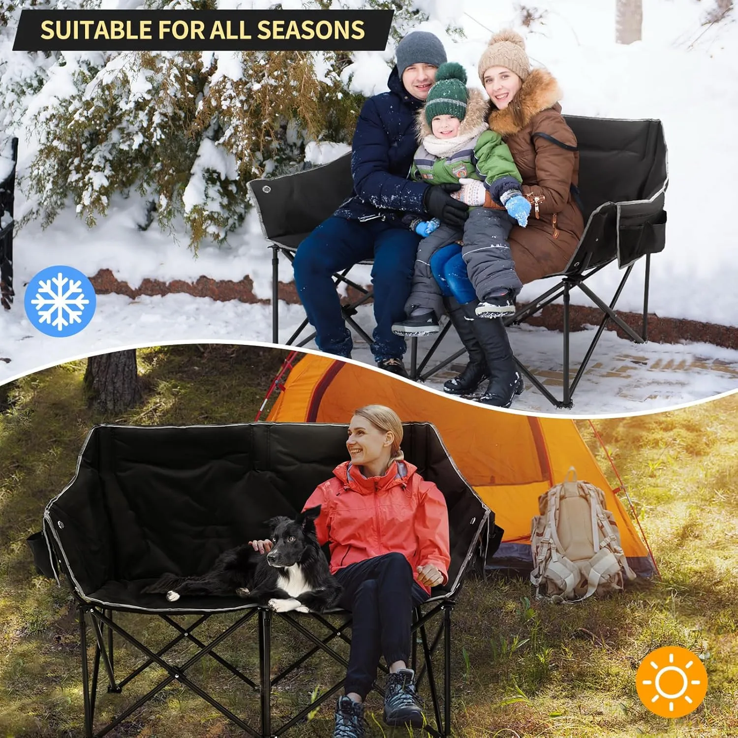 Double Heated Camping Chair, 2-Person Folding Loveseat Portable Heated Chairs with 3 Heat Levels, Patio Lounge Chairs Folding Lawn Chair Outdoor Chair for Outdoor Sports Camping