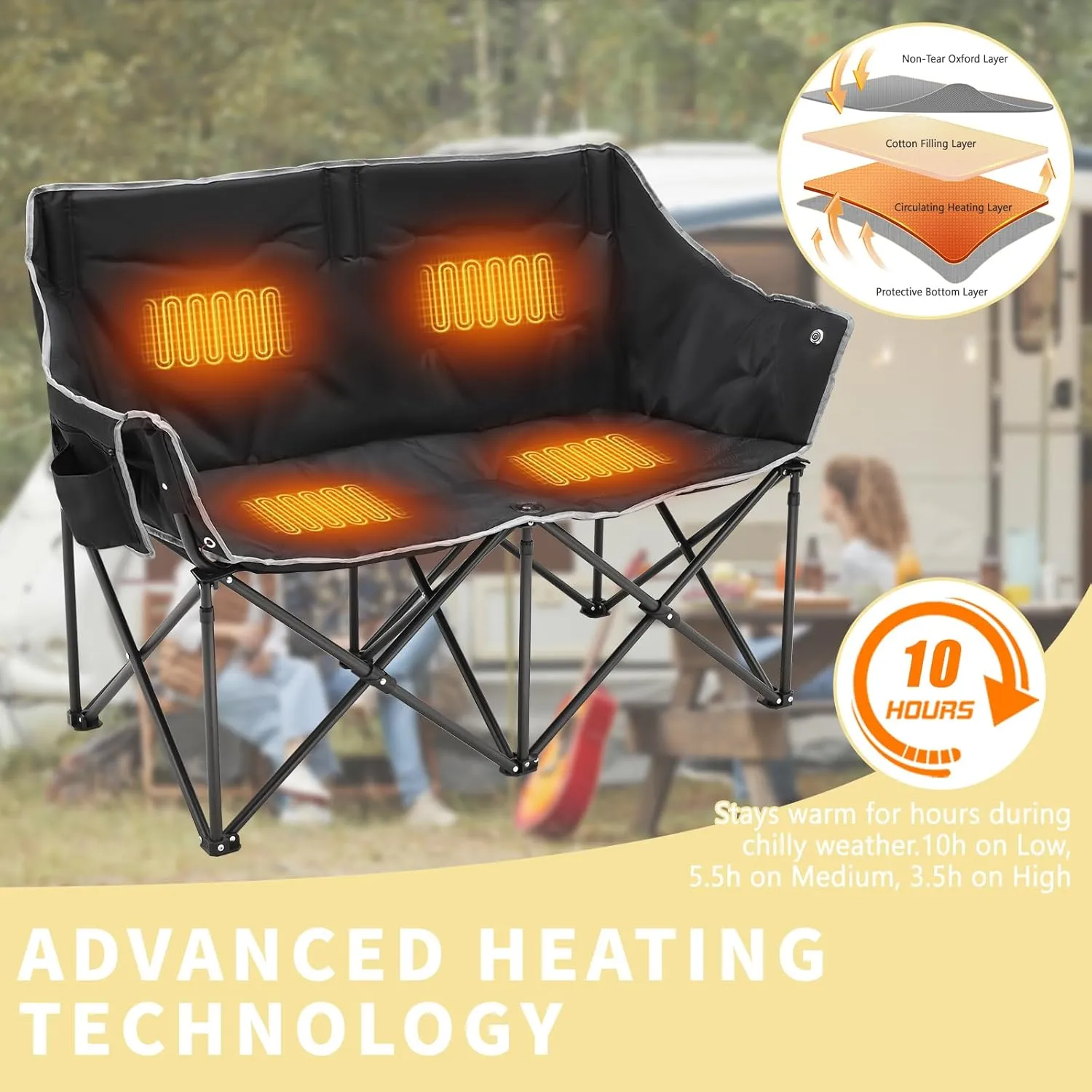 Double Heated Camping Chair, 2-Person Folding Loveseat Portable Heated Chairs with 3 Heat Levels, Patio Lounge Chairs Folding Lawn Chair Outdoor Chair for Outdoor Sports Camping