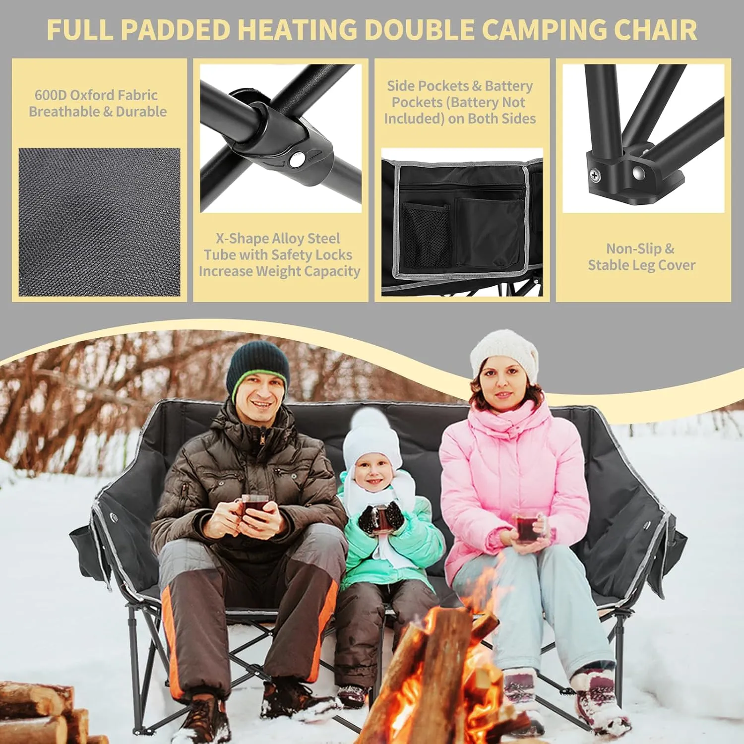 Double Heated Camping Chair, 2-Person Folding Loveseat Portable Heated Chairs with 3 Heat Levels, Patio Lounge Chairs Folding Lawn Chair Outdoor Chair for Outdoor Sports Camping
