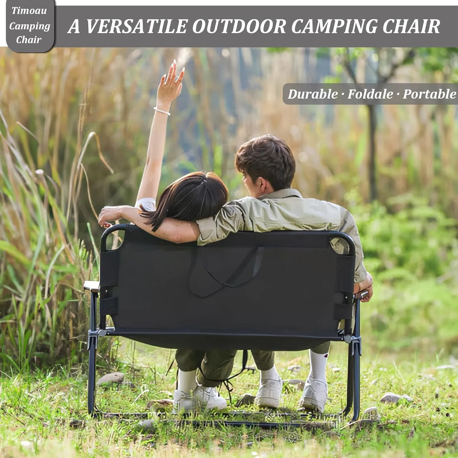 Double Oversized Loveseat Camping Chair with Seat Cushion - 2 Person Heavy Duty Couch for Outdoor Travel, Hiking, Patio, Beach - Black