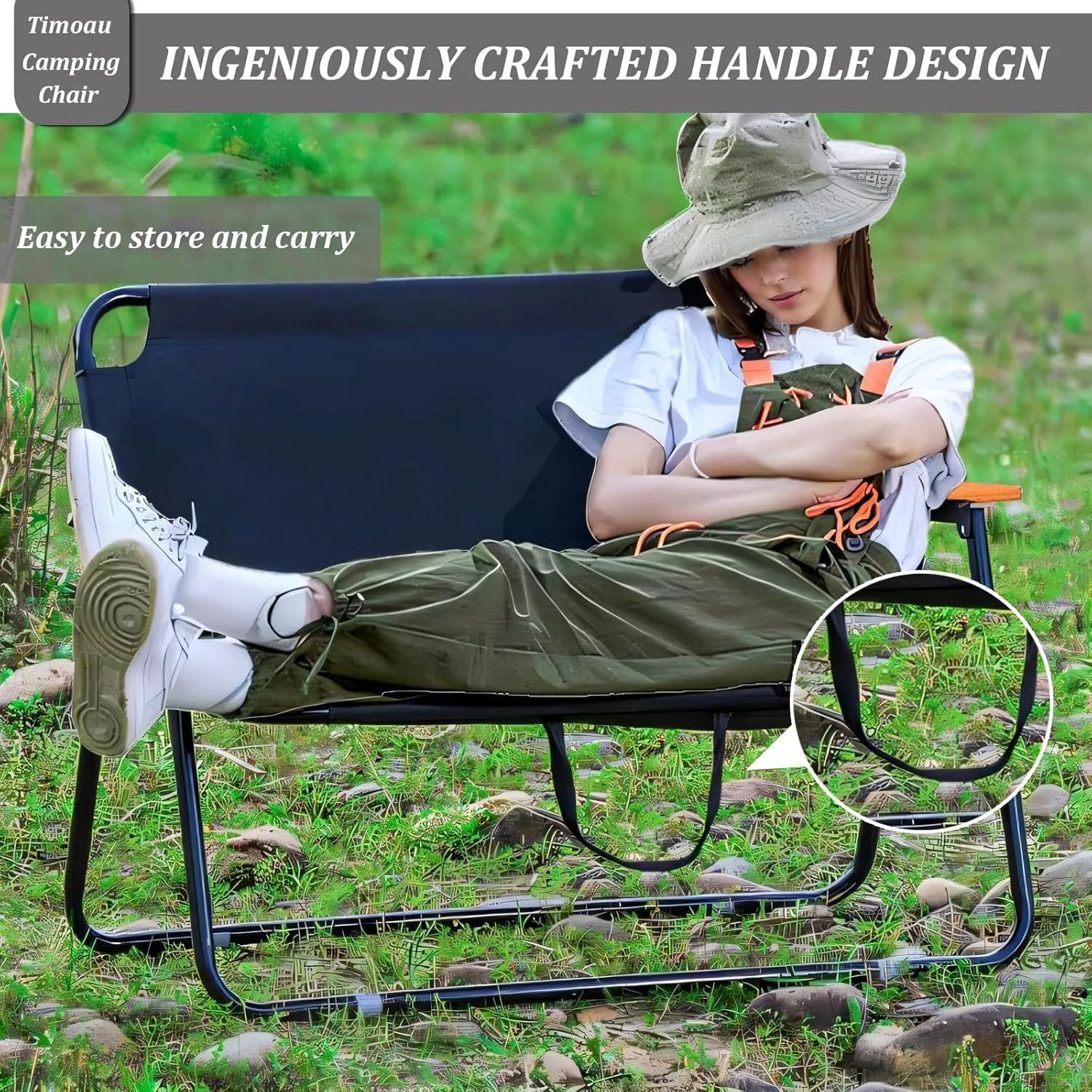 Double Oversized Loveseat Camping Chair with Seat Cushion - 2 Person Heavy Duty Couch for Outdoor Travel, Hiking, Patio, Beach - Black