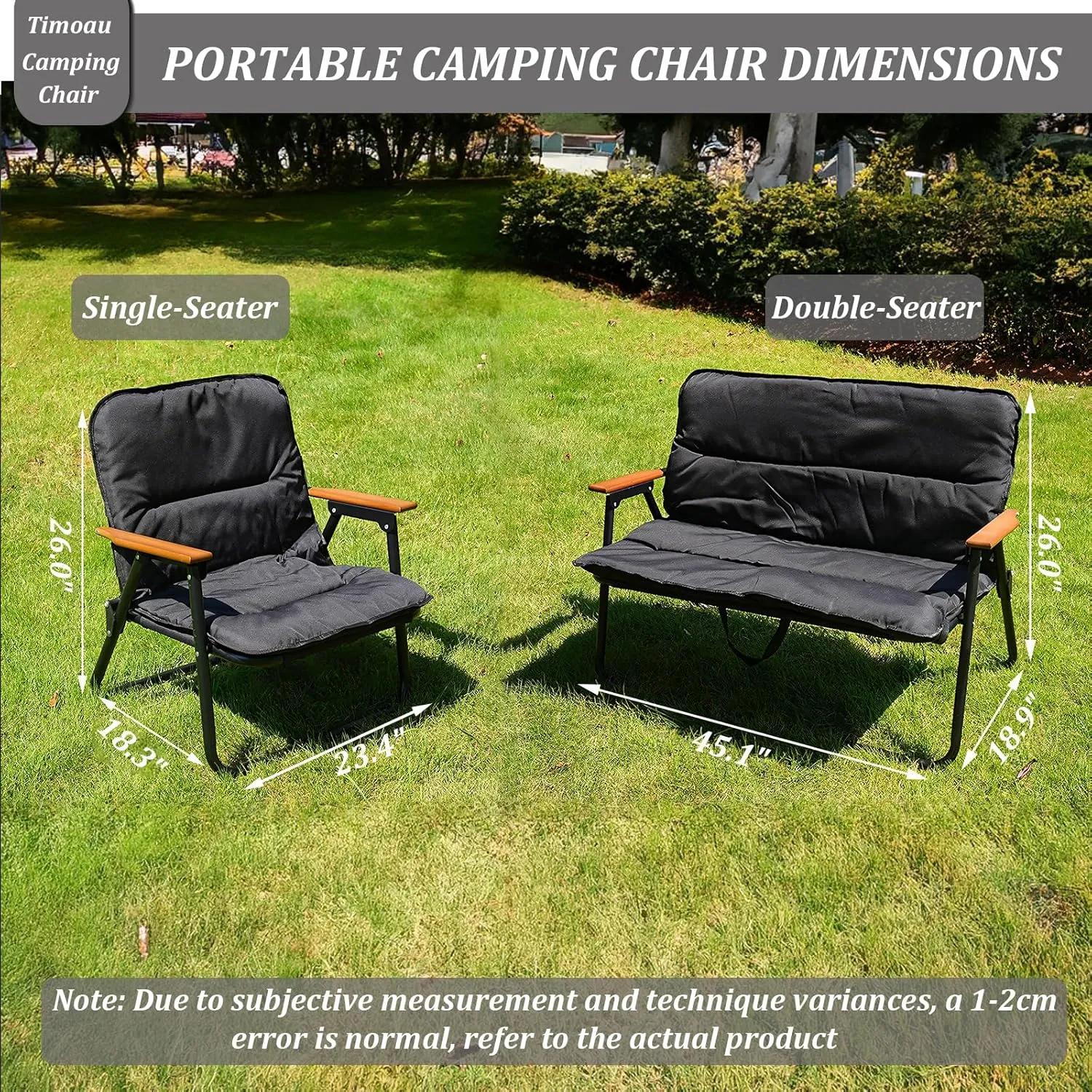 Double Oversized Loveseat Camping Chair with Seat Cushion - 2 Person Heavy Duty Couch for Outdoor Travel, Hiking, Patio, Beach - Black