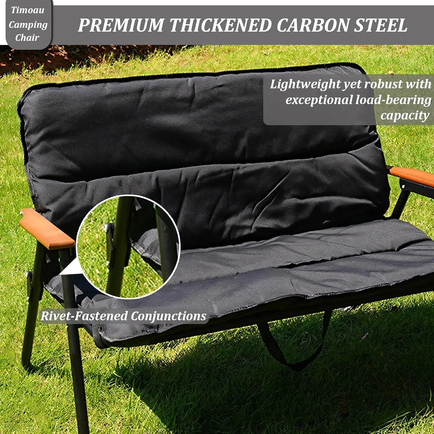 Double Oversized Loveseat Camping Chair with Seat Cushion - 2 Person Heavy Duty Couch for Outdoor Travel, Hiking, Patio, Beach - Black