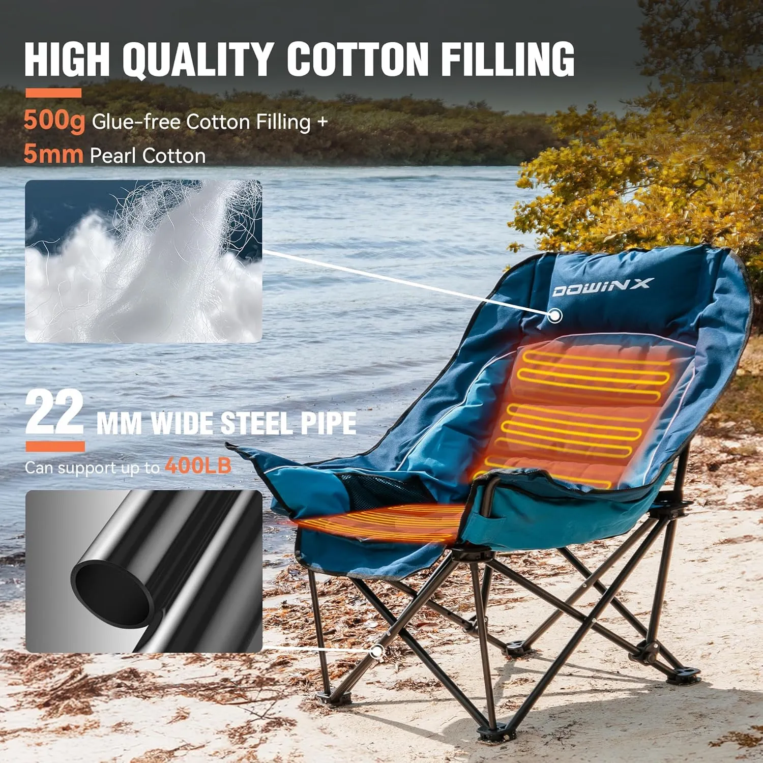 Dowinx Heated Camping Chair for Adults - Oversized Extra Large Folding Chair with Adjustable Padded Seat, Cup Holder, 400 lbs Capacity, Blue