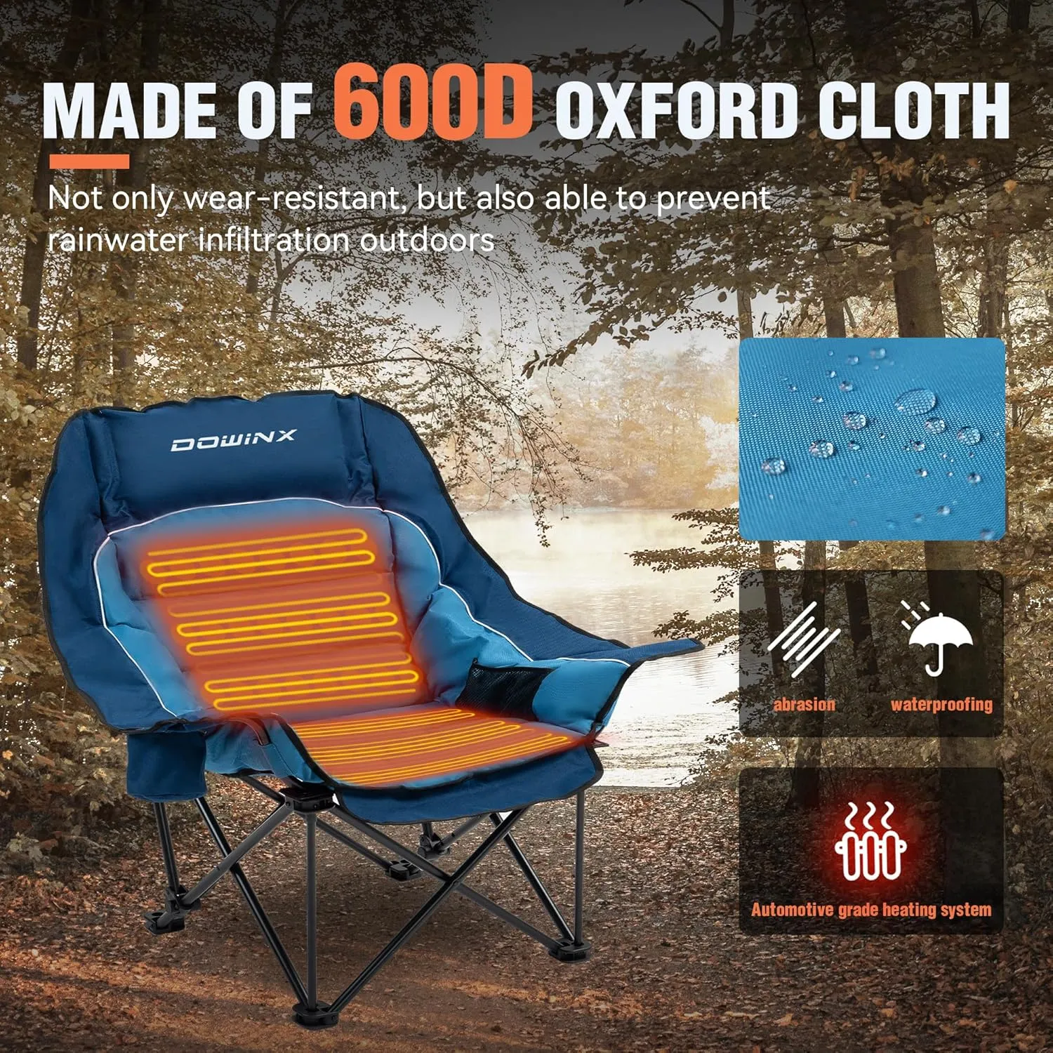 Dowinx Heated Camping Chair for Adults - Oversized Extra Large Folding Chair with Adjustable Padded Seat, Cup Holder, 400 lbs Capacity, Blue