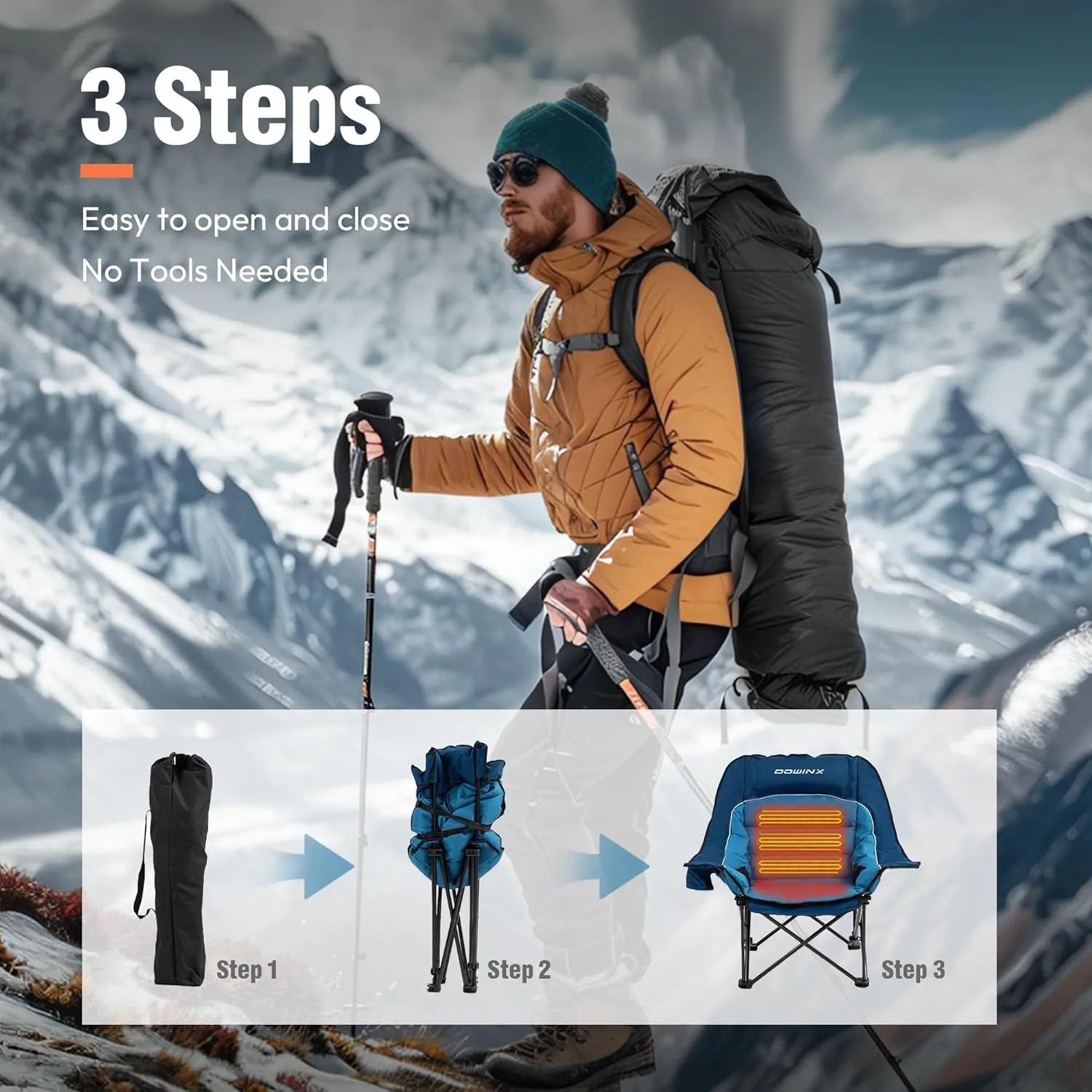 Dowinx Heated Camping Chair for Adults - Oversized Extra Large Folding Chair with Adjustable Padded Seat, Cup Holder, 400 lbs Capacity, Blue
