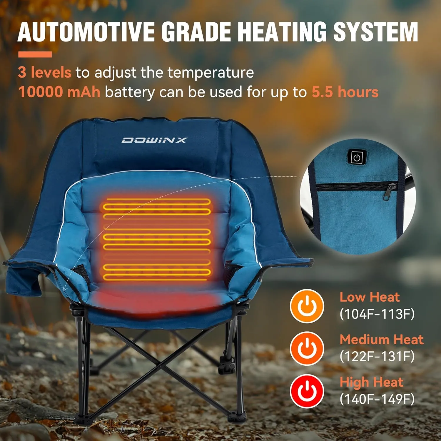 Dowinx Heated Camping Chair for Adults - Oversized Extra Large Folding Chair with Adjustable Padded Seat, Cup Holder, 400 lbs Capacity, Blue