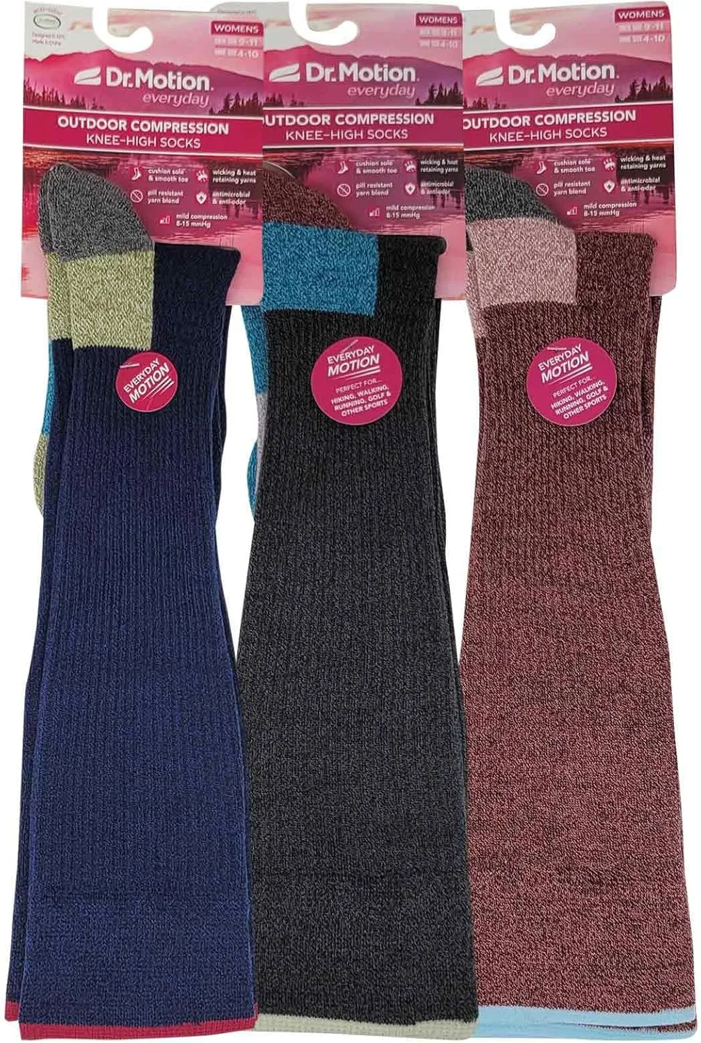 Dr. Motion Compression Knee High Socks (3 Pairs), Arch Support Outdoor Running Hiking Socks for Women