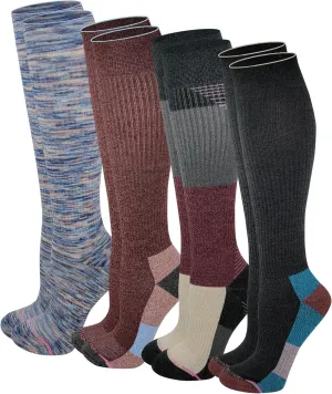Dr. Motion Compression Knee HIgh Socks (4 Pairs), Arch Support Outdoor Running HIking Socks for Women