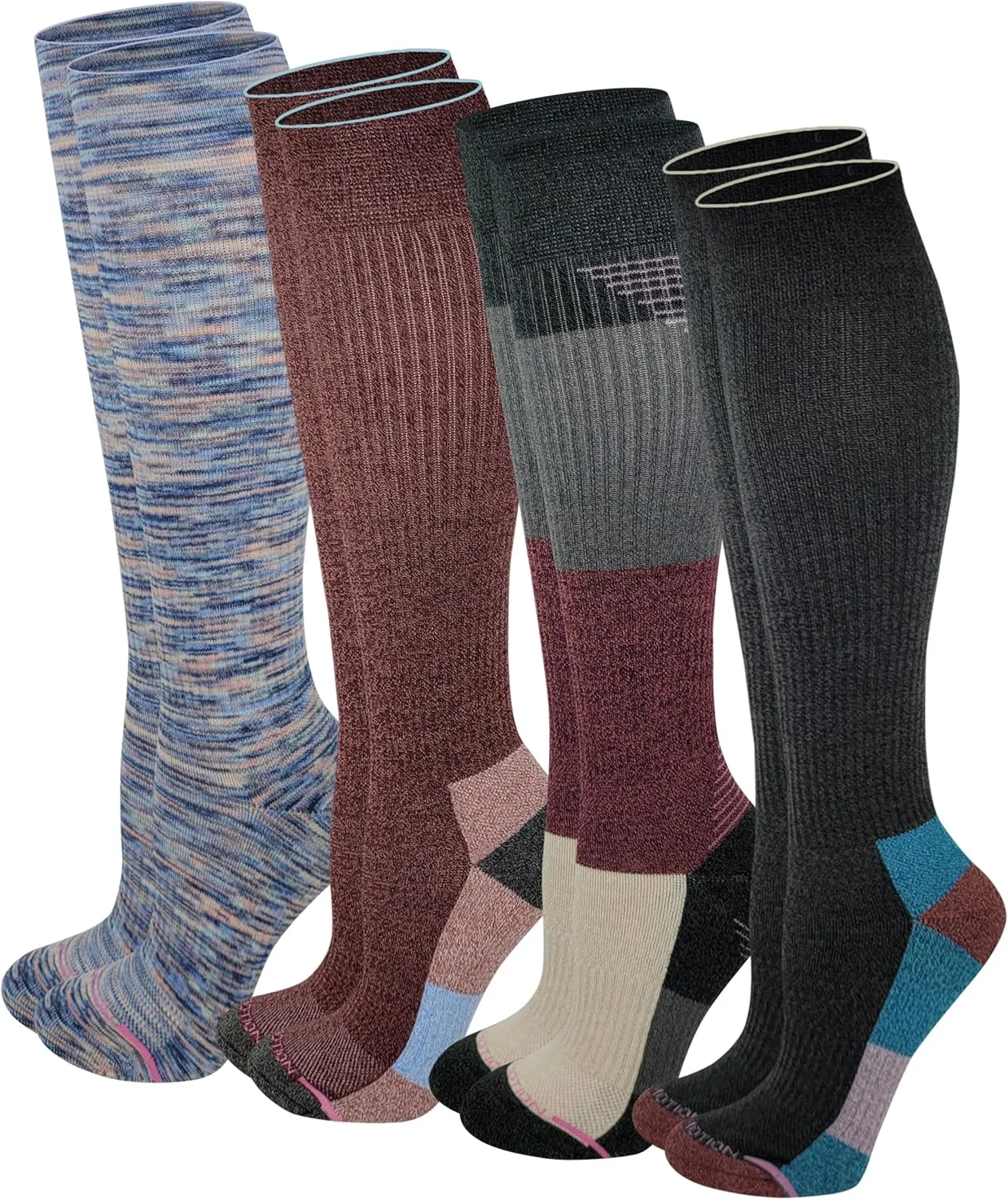 Dr. Motion Compression Knee HIgh Socks (4 Pairs), Arch Support Outdoor Running HIking Socks for Women