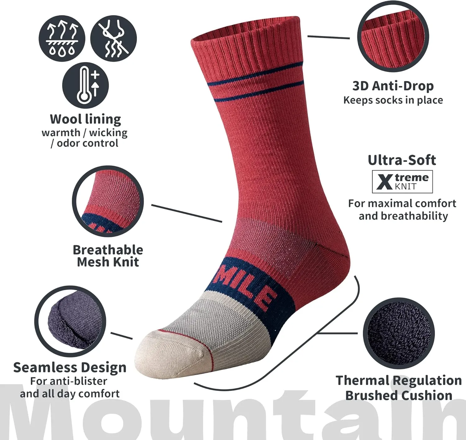 DRYMILE Mountain Waterproof Wool Socks, Winter Waterproof Socks for Wading, Camping, Hiking, Fishing, Skiing - Crew