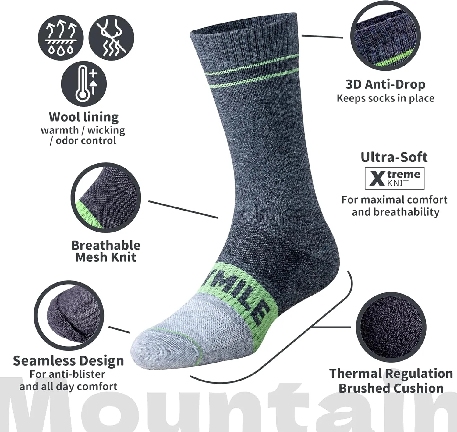 DRYMILE Mountain Waterproof Wool Socks, Winter Waterproof Socks for Wading, Camping, Hiking, Fishing, Skiing - Crew