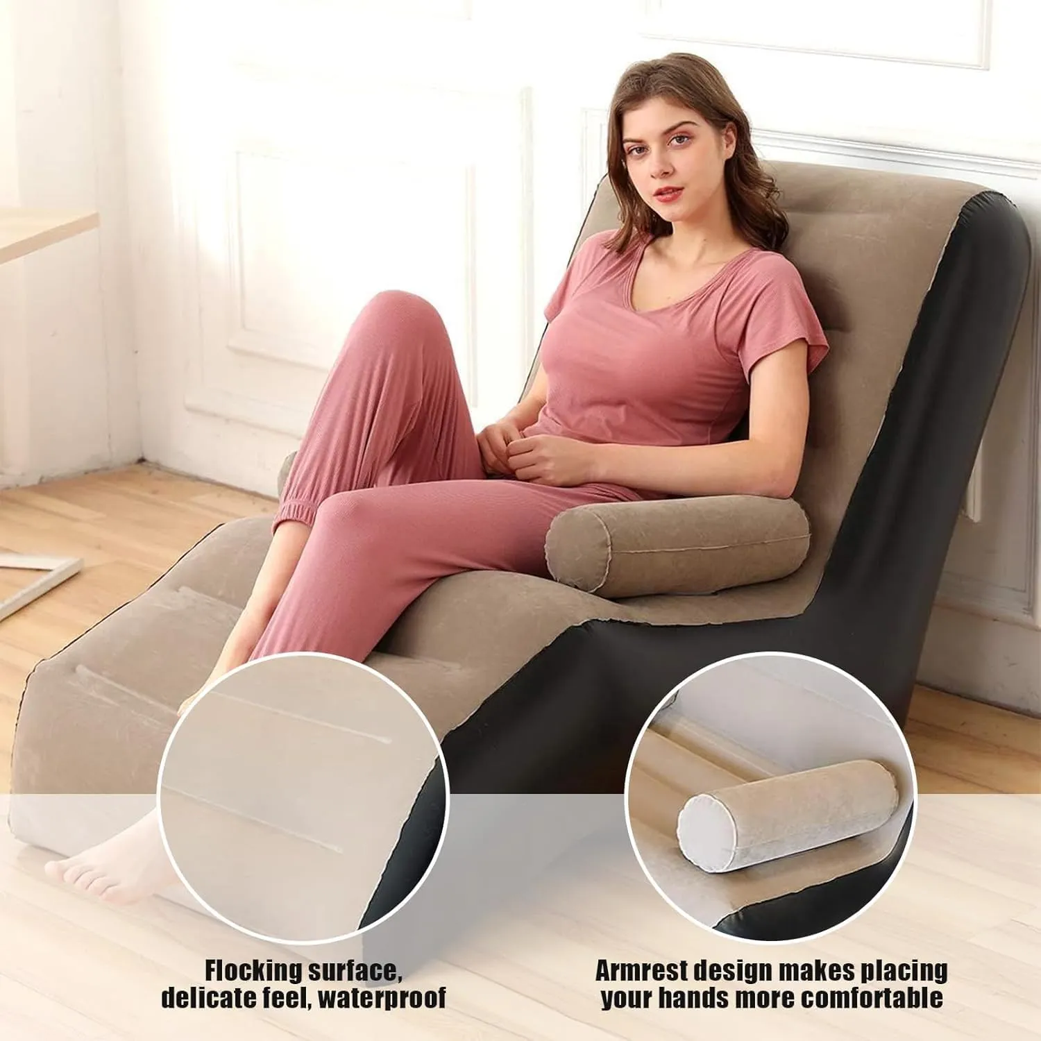 E-Store Inflatable Sofa Couch, Foldable Air Lounge Chair, Indoor/Outdoor Sleeper Lounger, Ergonomic S-Shaped Sofa for Bedroom, Living Room, Camping, Quick Inflation, Soft PVC Material (Brown)