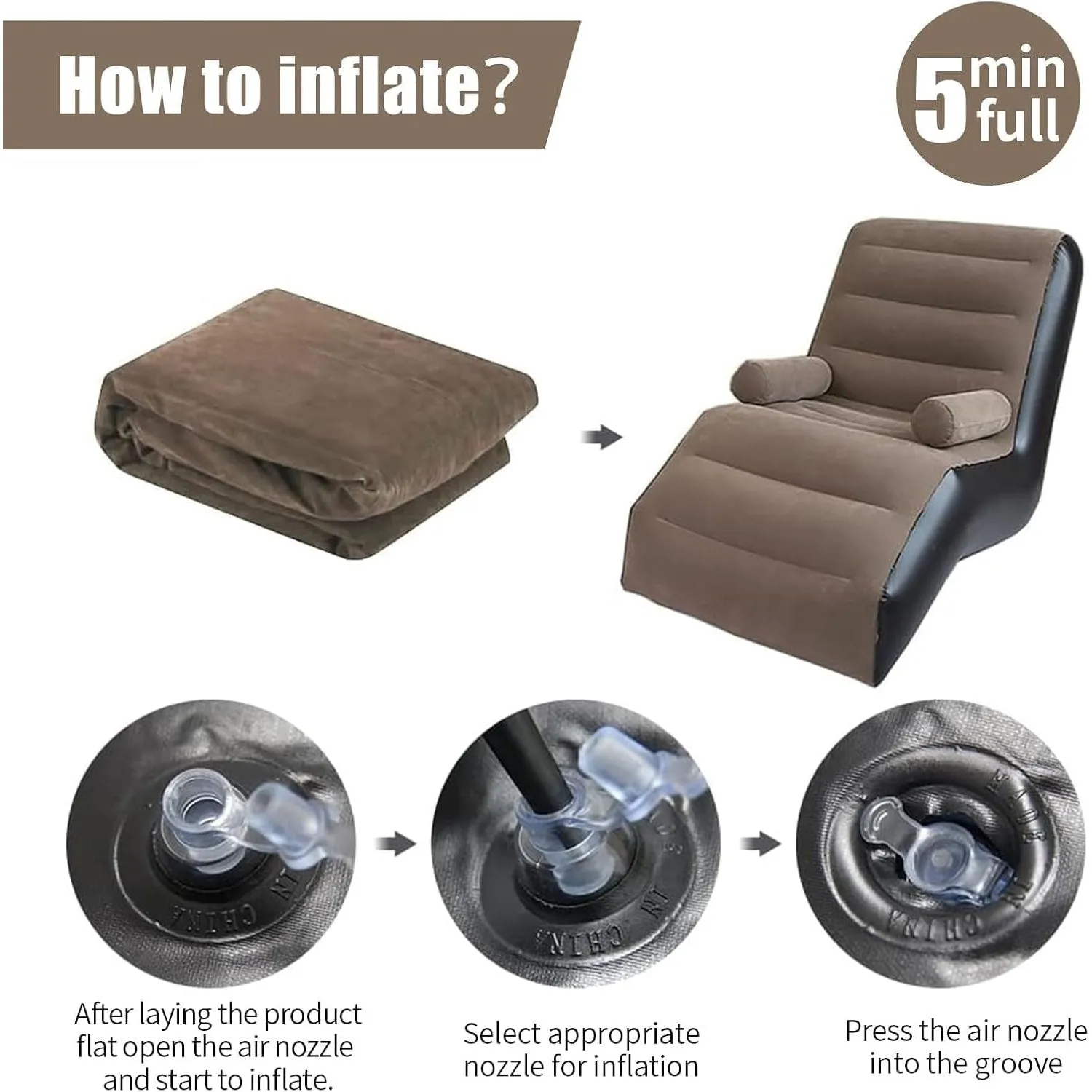 E-Store Inflatable Sofa Couch, Foldable Air Lounge Chair, Indoor/Outdoor Sleeper Lounger, Ergonomic S-Shaped Sofa for Bedroom, Living Room, Camping, Quick Inflation, Soft PVC Material (Brown)