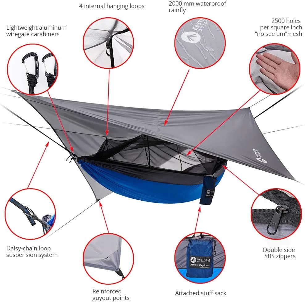 Easthills Outdoors Jungle Explorer 118" x 79" Double Camping Hammock Lightweight Rip-Stop Parachute Nylon 2 Person Hammocks with Removable Bug Net, Tree Straps and Tarp Blue