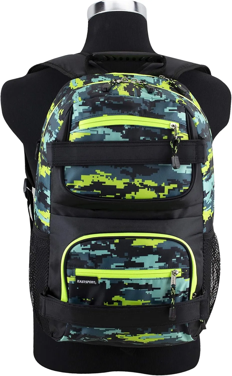 Eastsport Travel Skateboard Backpack Double Strap Laptop Bag Multi-Sport Design for Men and Women, Neon Yellow Blue Static Camo Black