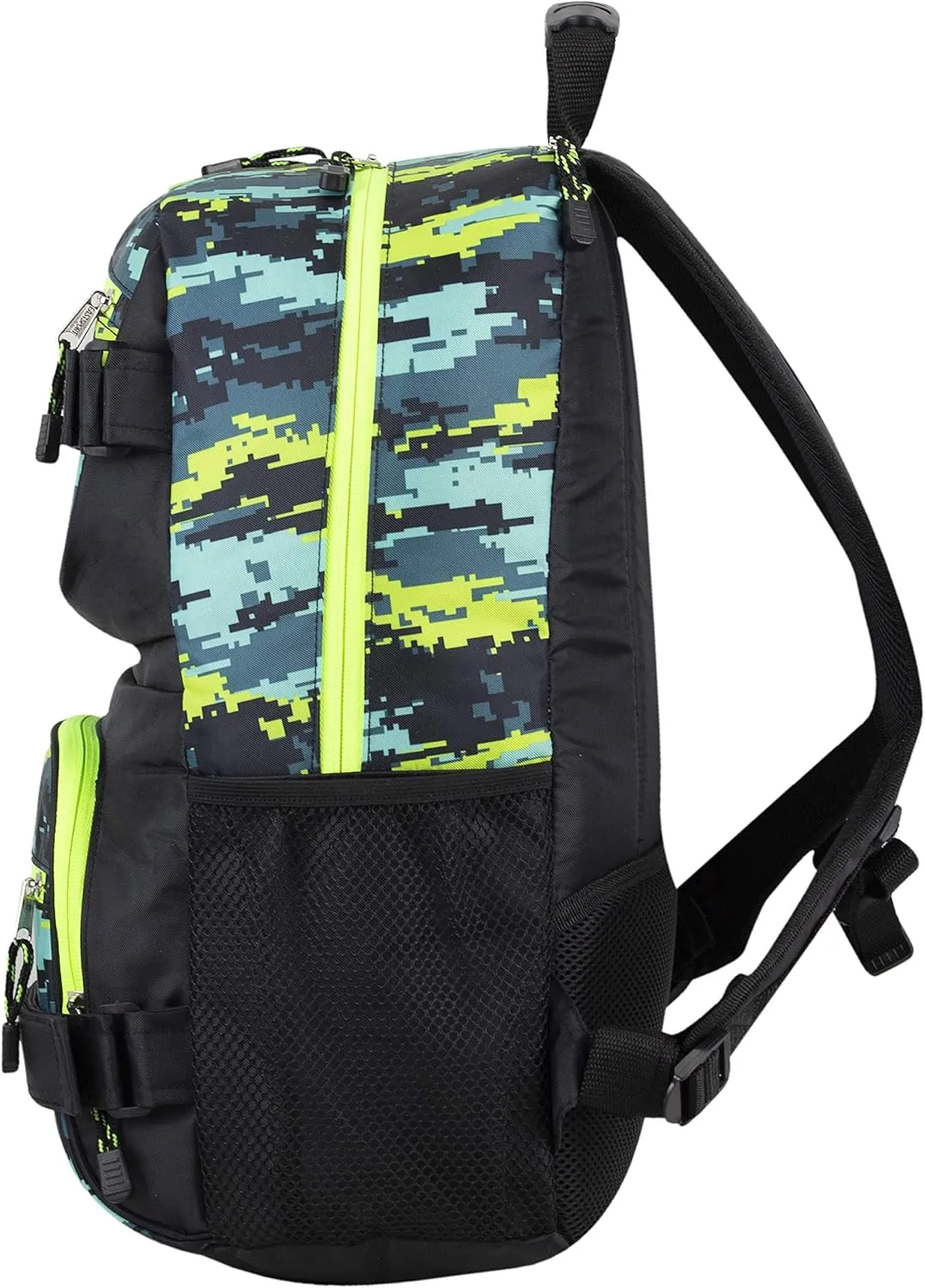 Eastsport Travel Skateboard Backpack Double Strap Laptop Bag Multi-Sport Design for Men and Women, Neon Yellow Blue Static Camo Black