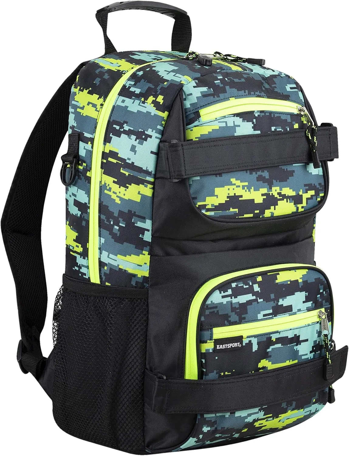 Eastsport Travel Skateboard Backpack Double Strap Laptop Bag Multi-Sport Design for Men and Women, Neon Yellow Blue Static Camo Black