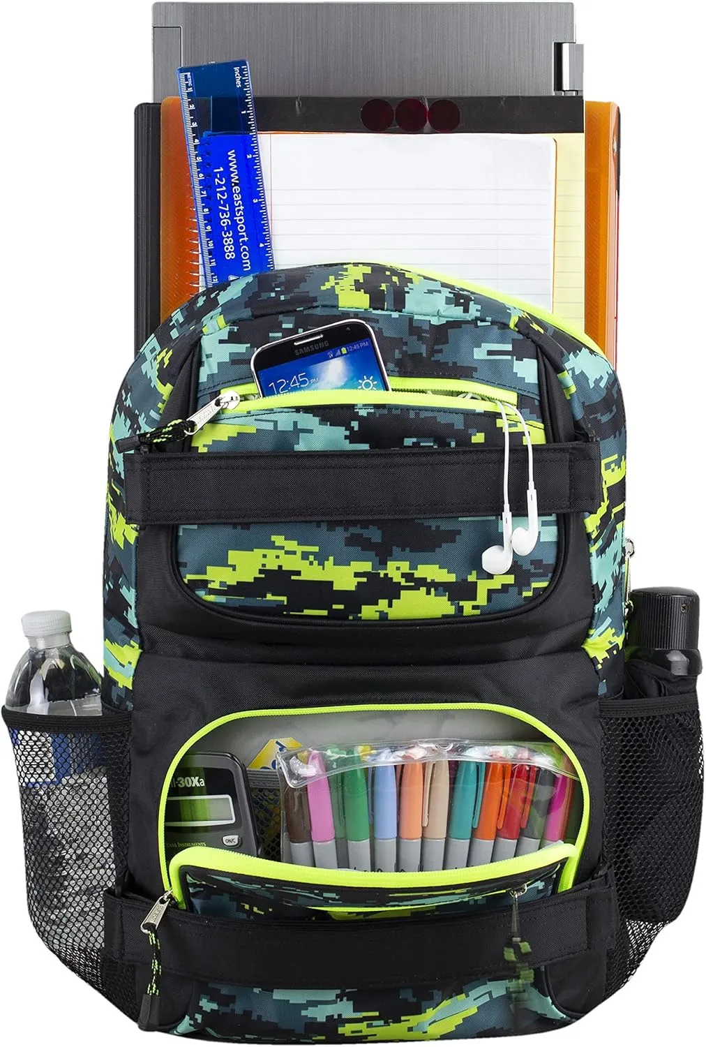 Eastsport Travel Skateboard Backpack Double Strap Laptop Bag Multi-Sport Design for Men and Women, Neon Yellow Blue Static Camo Black